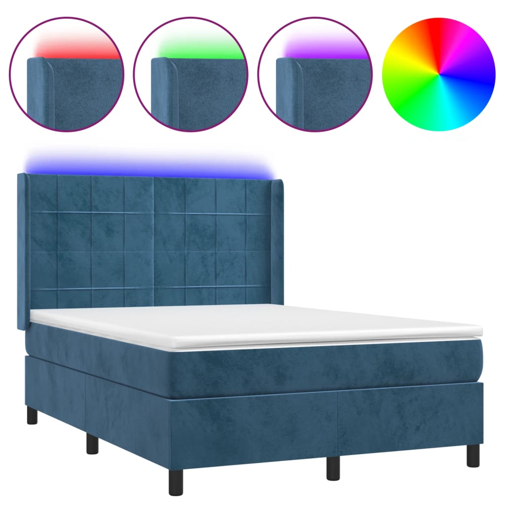 Box Spring Postel S Matrací A Led Tmavě Modrá 140X200 Cm Samet