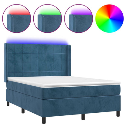 Box Spring Postel S Matrací A Led Tmavě Modrá 140X200 Cm Samet