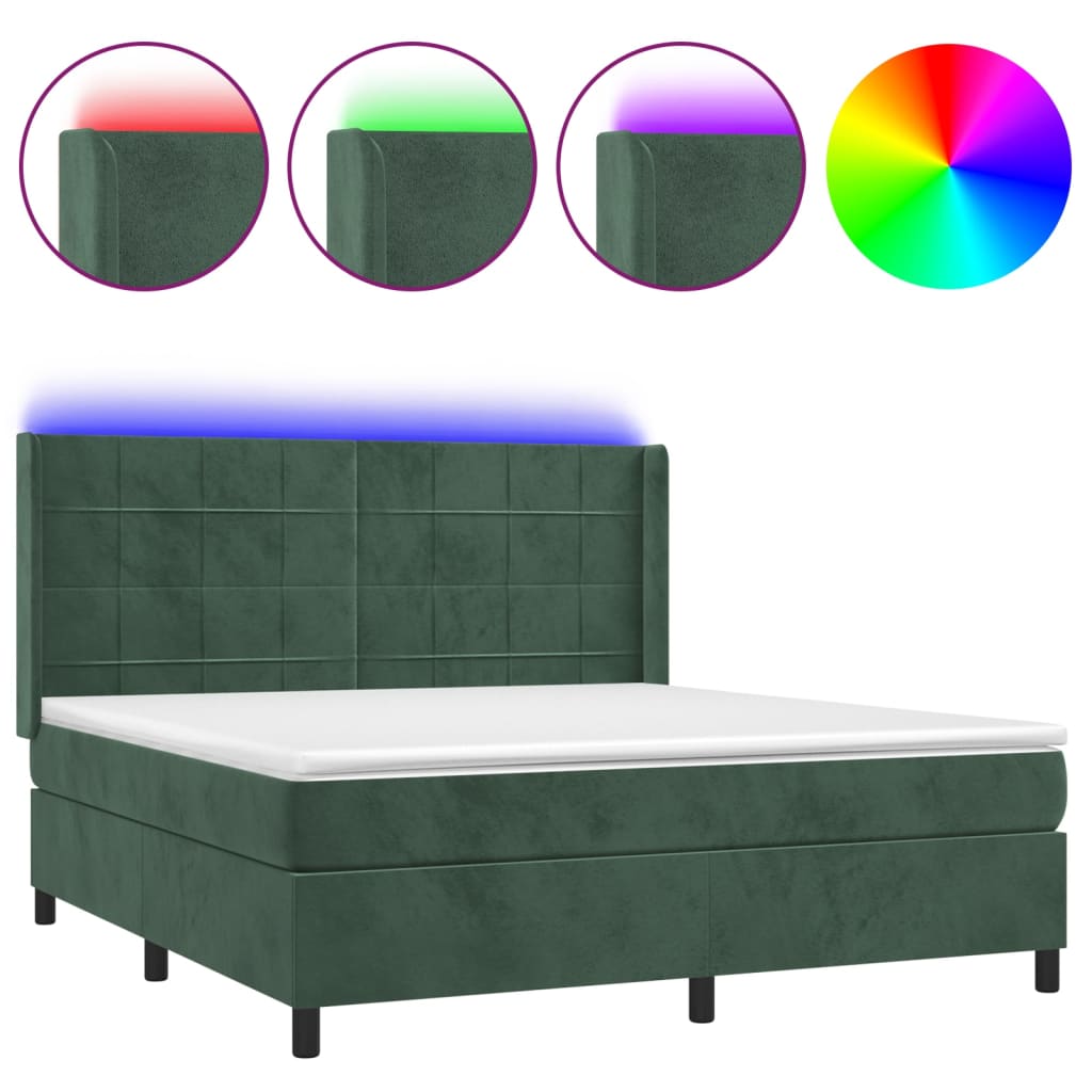 Box Spring Postel S Matrací A Led Tmavě Zelená 160X200 Cm Samet