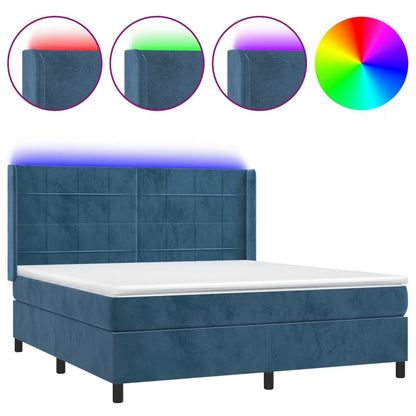 Box Spring Postel S Matrací A Led Tmavě Modrá 160X200 Cm Samet