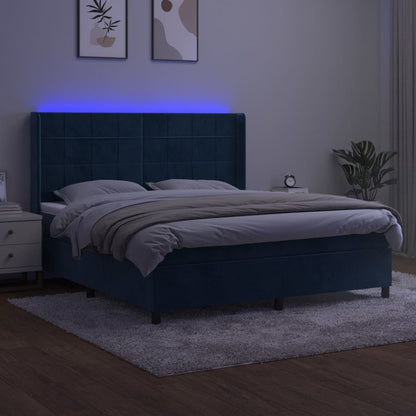 Box Spring Postel S Matrací A Led Tmavě Modrá 160X200 Cm Samet