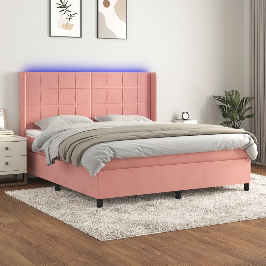 Box Spring Postel S Matrací A Led Samet Růžová