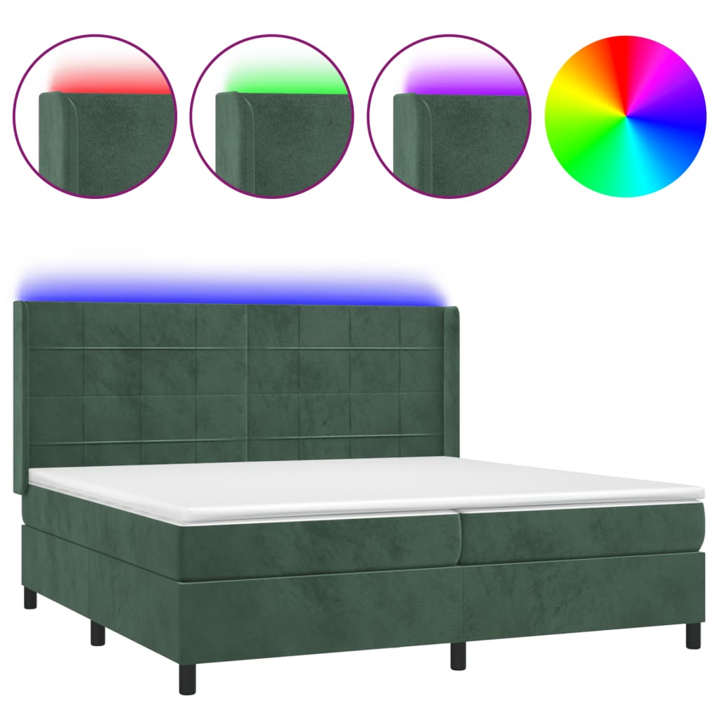 Box Spring Postel S Matrací A Led Tmavě Zelená 200X200 Cm Samet