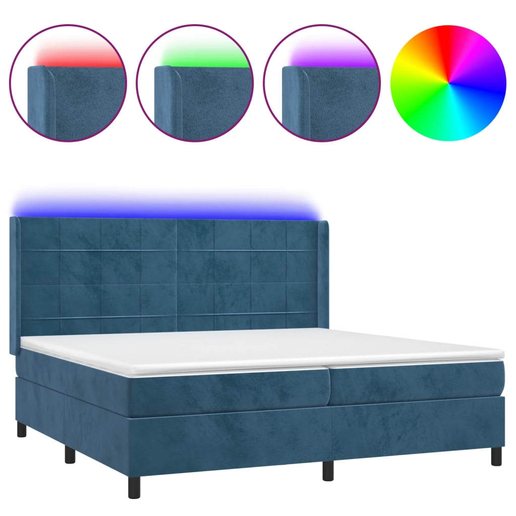 Box Spring Postel S Matrací A Led Tmavě Modrá 200X200 Cm Samet