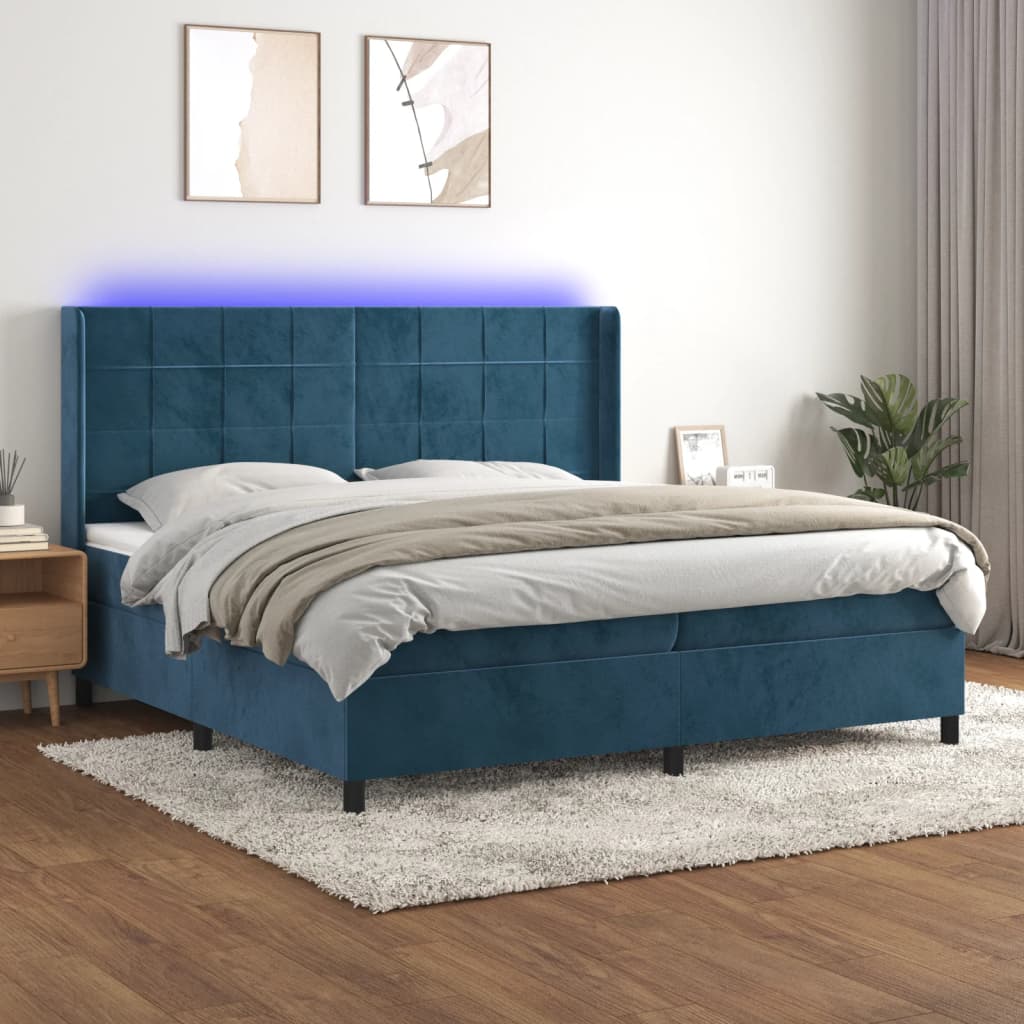 Box Spring Postel S Matrací A Led Tmavě Modrá 200X200 Cm Samet