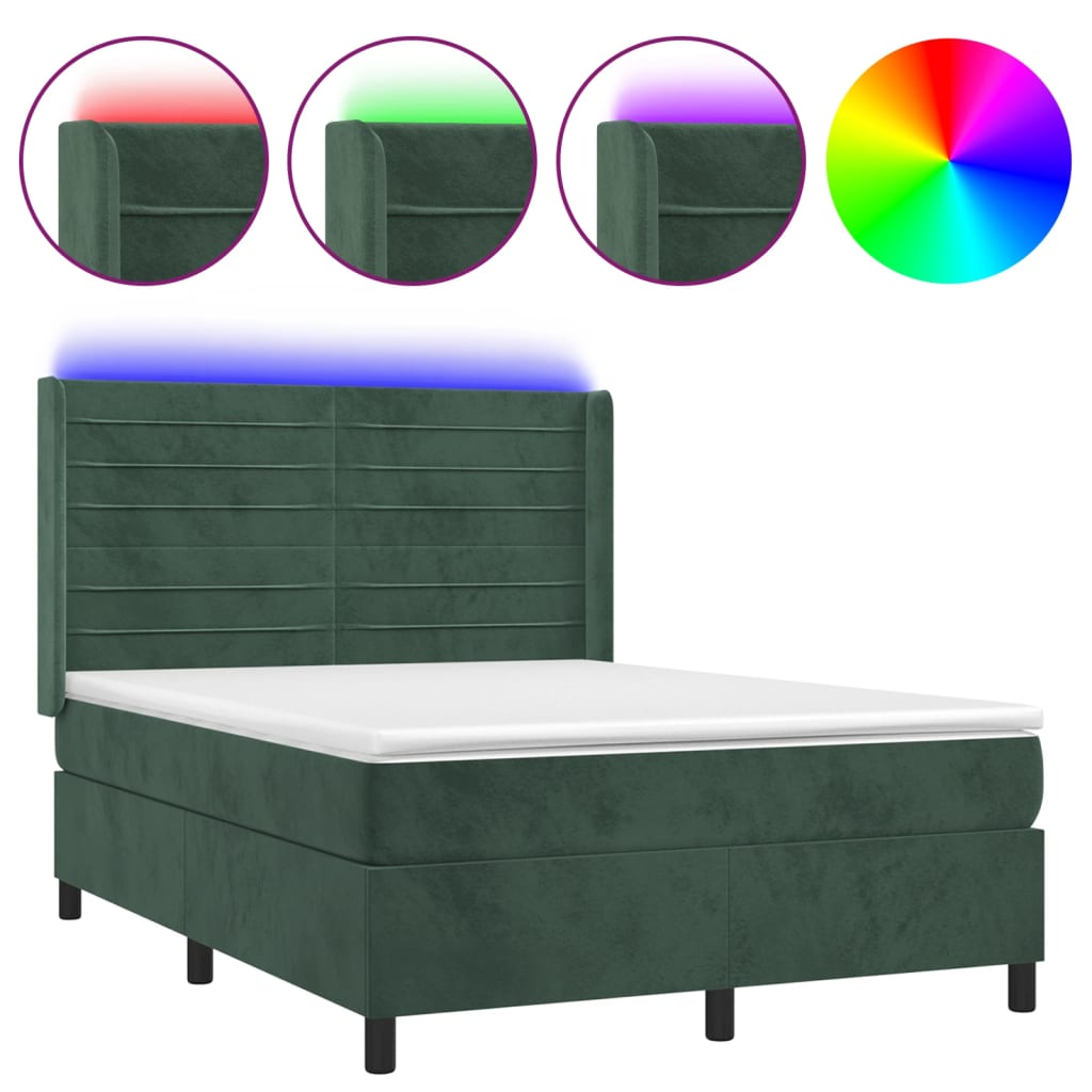 Box Spring Postel S Matrací A Led Tmavě Zelená 140X190 Cm Samet