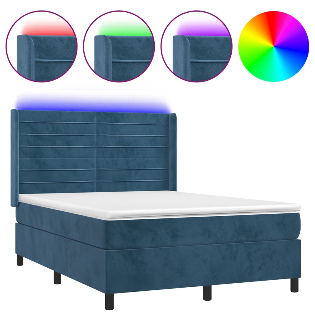 Box Spring Postel S Matrací A Led Tmavě Modrá 140X190 Cm Samet