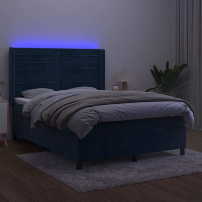 Box Spring Postel S Matrací A Led Tmavě Modrá 140X190 Cm Samet