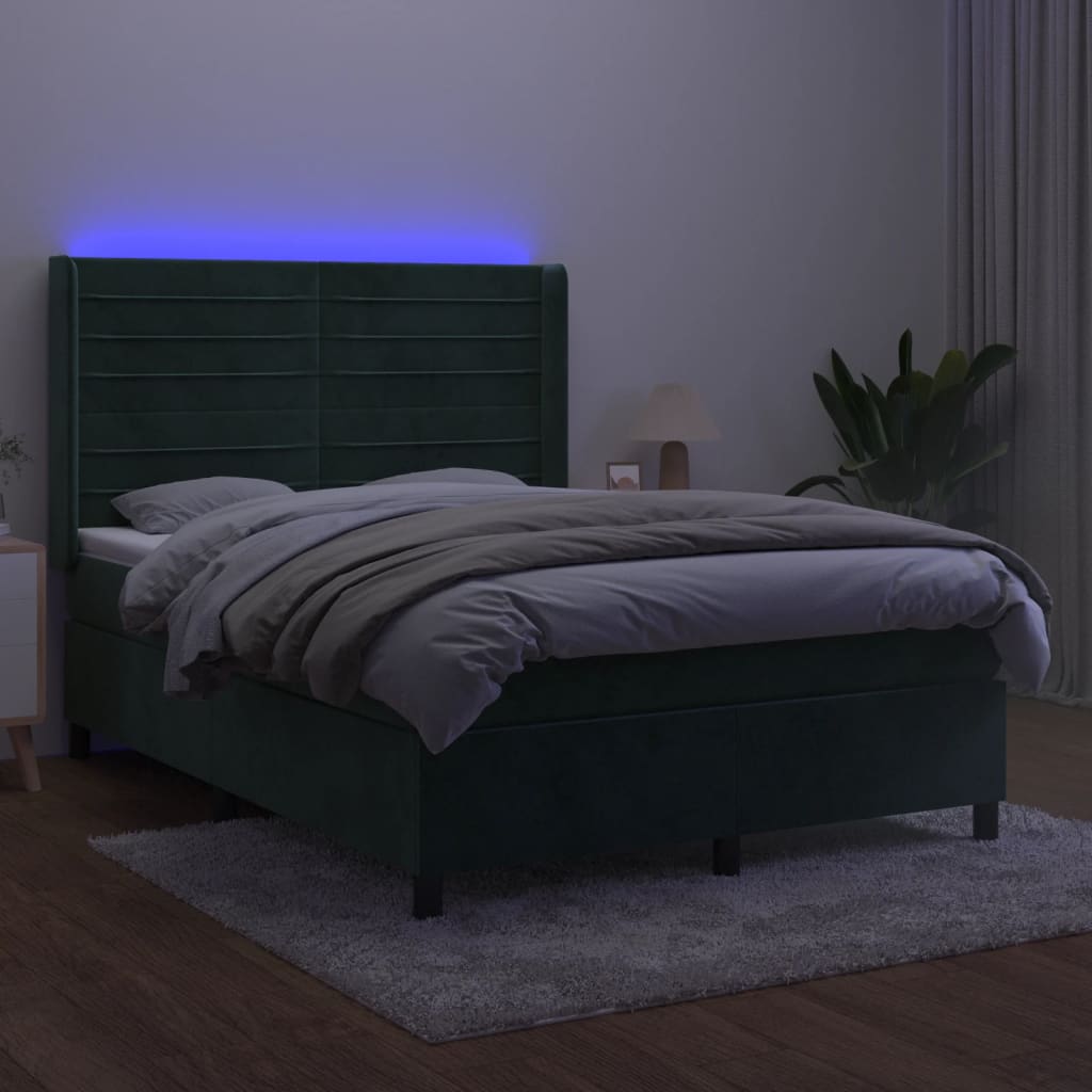 Box Spring Postel S Matrací A Led Tmavě Zelená 140X200 Cm Samet