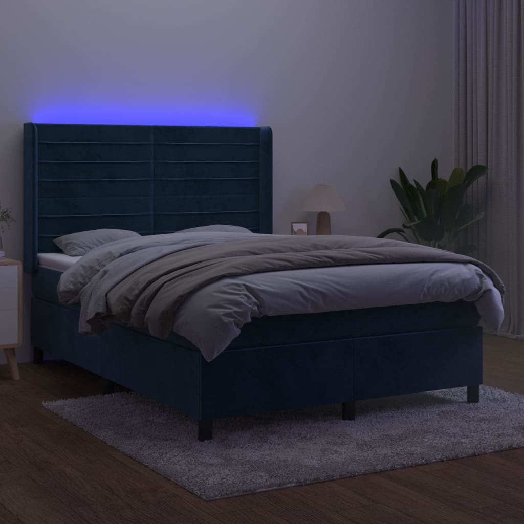 Box Spring Postel S Matrací A Led Tmavě Modrá 140X200 Cm Samet