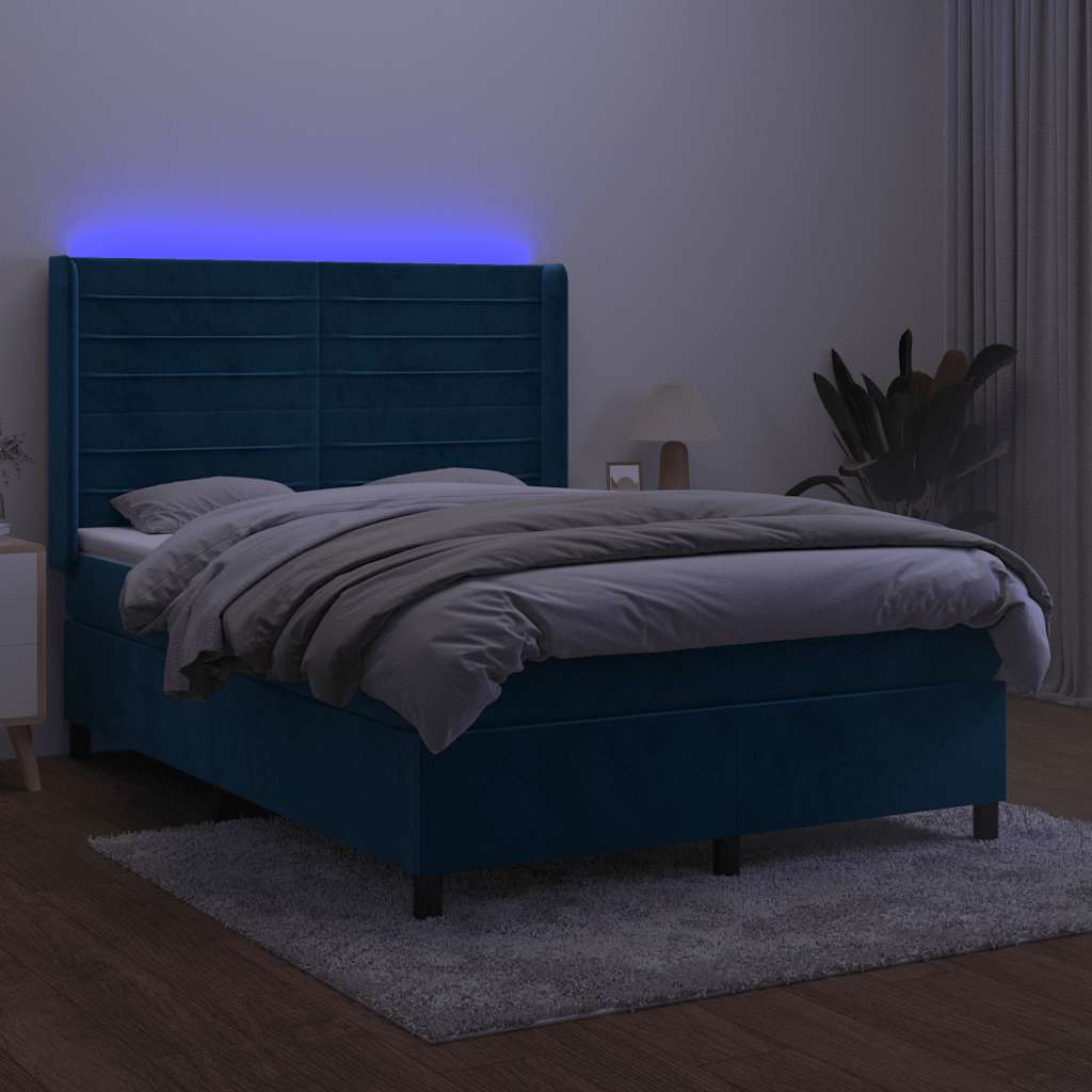 Box Spring Postel S Matrací A Led Tmavě Modrá 140X200 Cm Samet