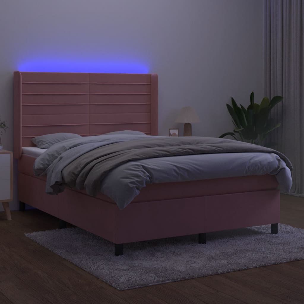 Box Spring Postel S Matrací A Led Samet Růžová