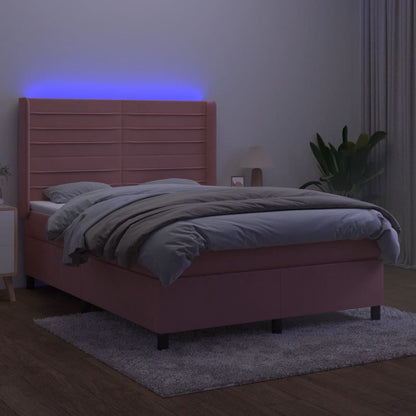 Box Spring Postel S Matrací A Led Samet Růžová