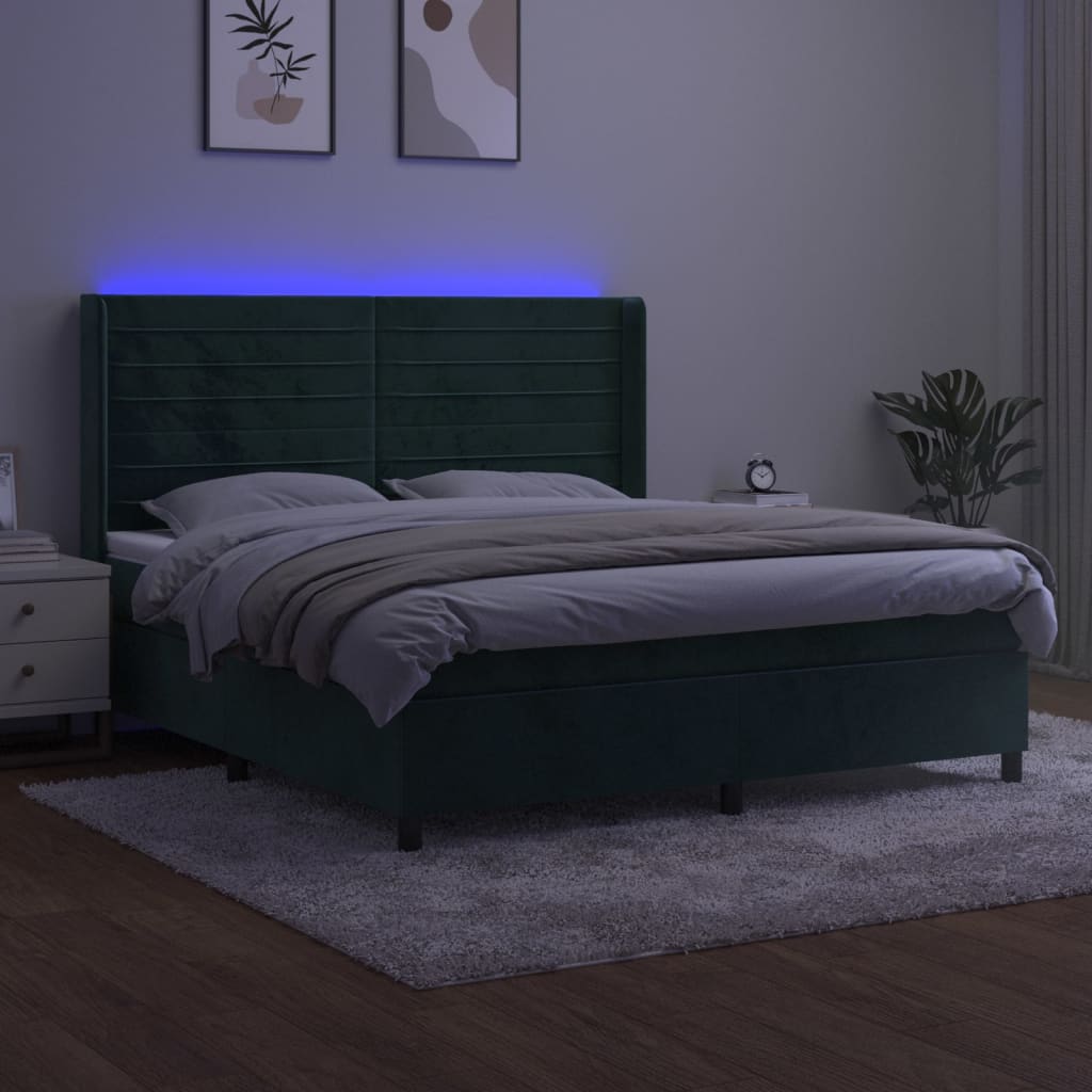 Box Spring Postel S Matrací A Led Tmavě Zelená 160X200 Cm Samet