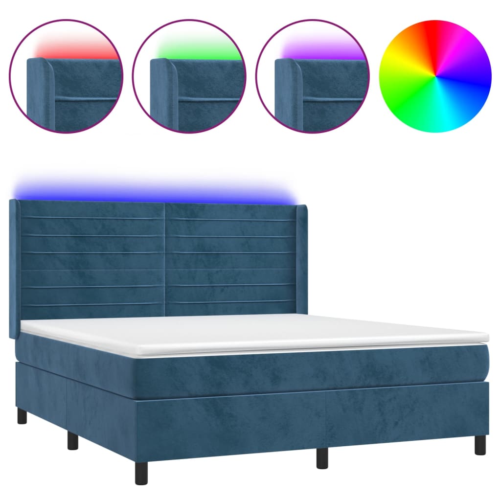Box Spring Postel S Matrací A Led Tmavě Modrá 160X200 Cm Samet