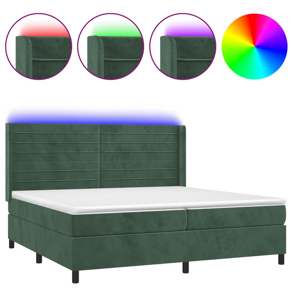 Box Spring Postel S Matrací A Led Tmavě Zelená 200X200 Cm Samet