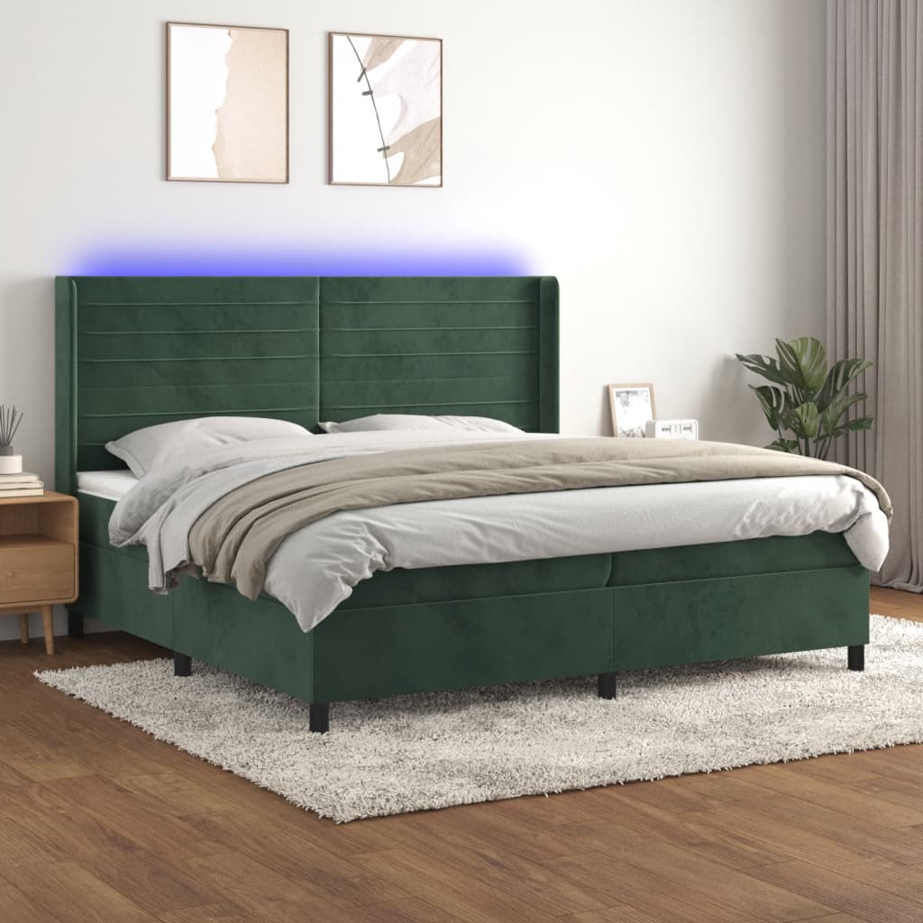 Box Spring Postel S Matrací A Led Tmavě Zelená 200X200 Cm Samet