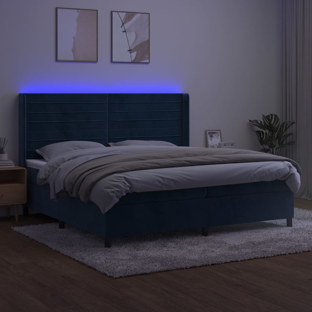 Box Spring Postel S Matrací A Led Tmavě Modrá 200X200 Cm Samet
