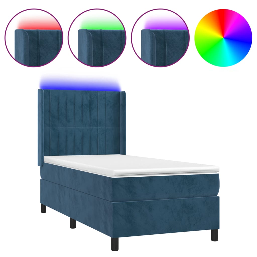 Box Spring Postel S Matrací A Led Tmavě Modrá 90X200 Cm Samet