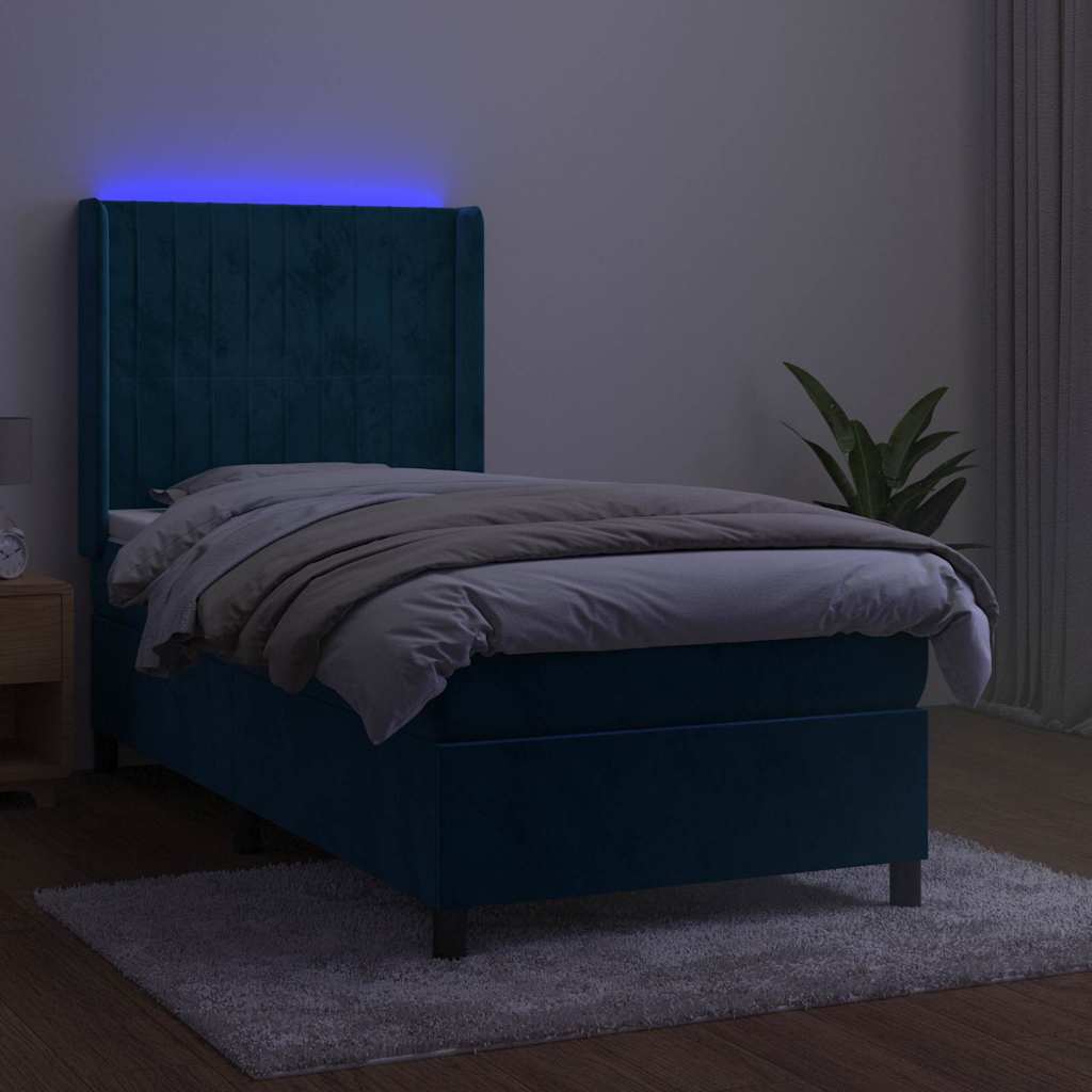 Box Spring Postel S Matrací A Led Tmavě Modrá 100X200 Cm Samet