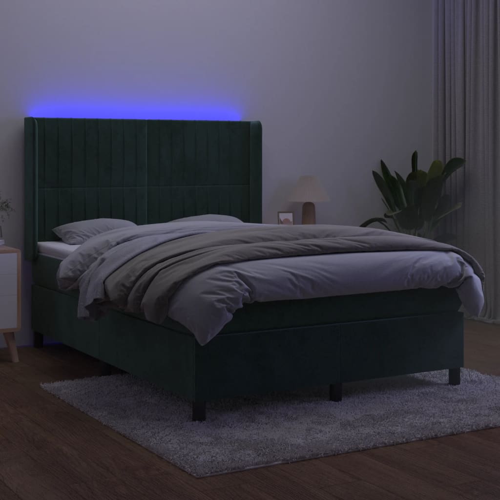 Box Spring Postel S Matrací A Led Tmavě Zelená 140X190 Cm Samet