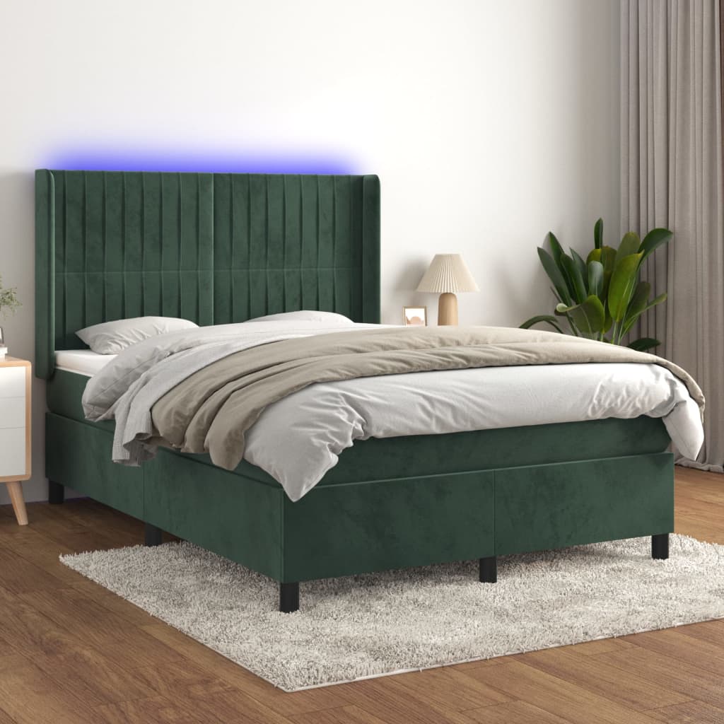 Box Spring Postel S Matrací A Led Tmavě Zelená 140X190 Cm Samet
