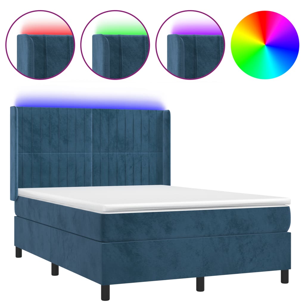Box Spring Postel S Matrací A Led Tmavě Modrá 140X190 Cm Samet