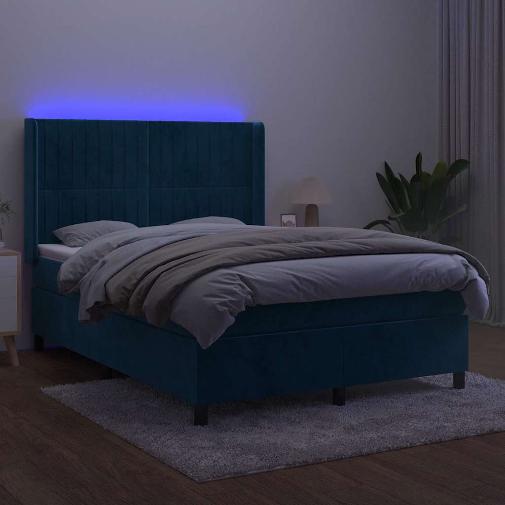 Box Spring Postel S Matrací A Led Tmavě Modrá 140X190 Cm Samet