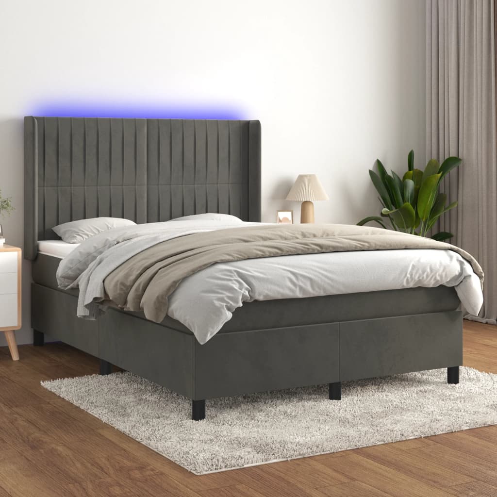 Box Spring Postel S Matrací A Led Samet Tmavě Šedá