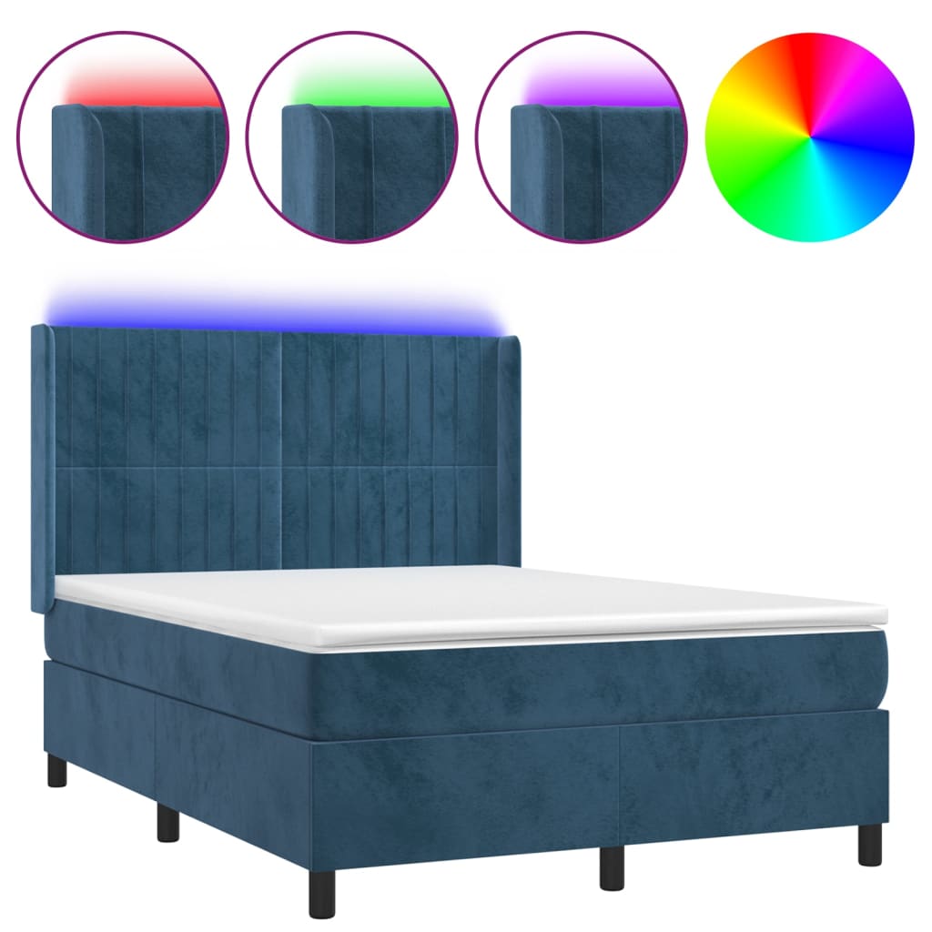 Box Spring Postel S Matrací A Led Tmavě Modrá 140X200 Cm Samet
