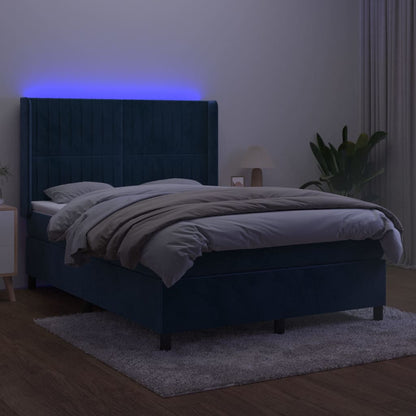 Box Spring Postel S Matrací A Led Tmavě Modrá 140X200 Cm Samet