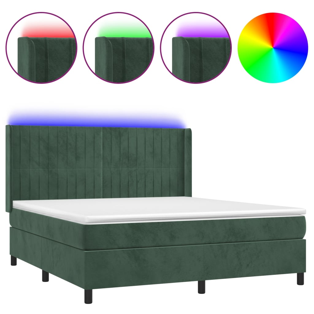 Box Spring Postel S Matrací A Led Tmavě Zelená 160X200 Cm Samet