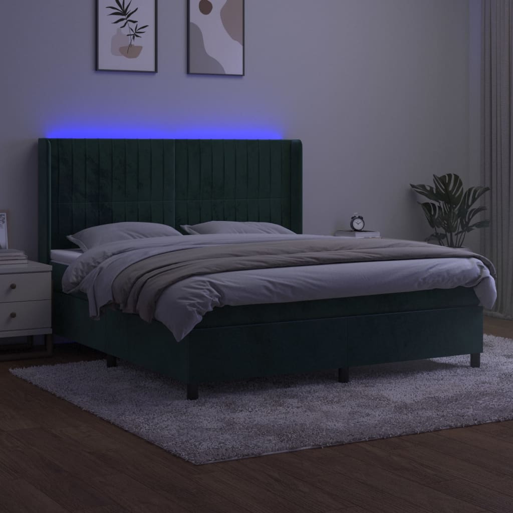Box Spring Postel S Matrací A Led Tmavě Zelená 160X200 Cm Samet