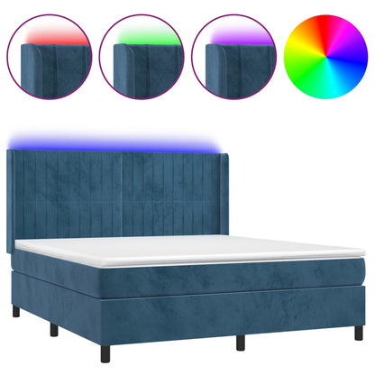 Box Spring Postel S Matrací A Led Tmavě Modrá 160X200 Cm Samet