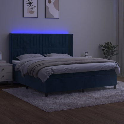 Box Spring Postel S Matrací A Led Tmavě Modrá 160X200 Cm Samet