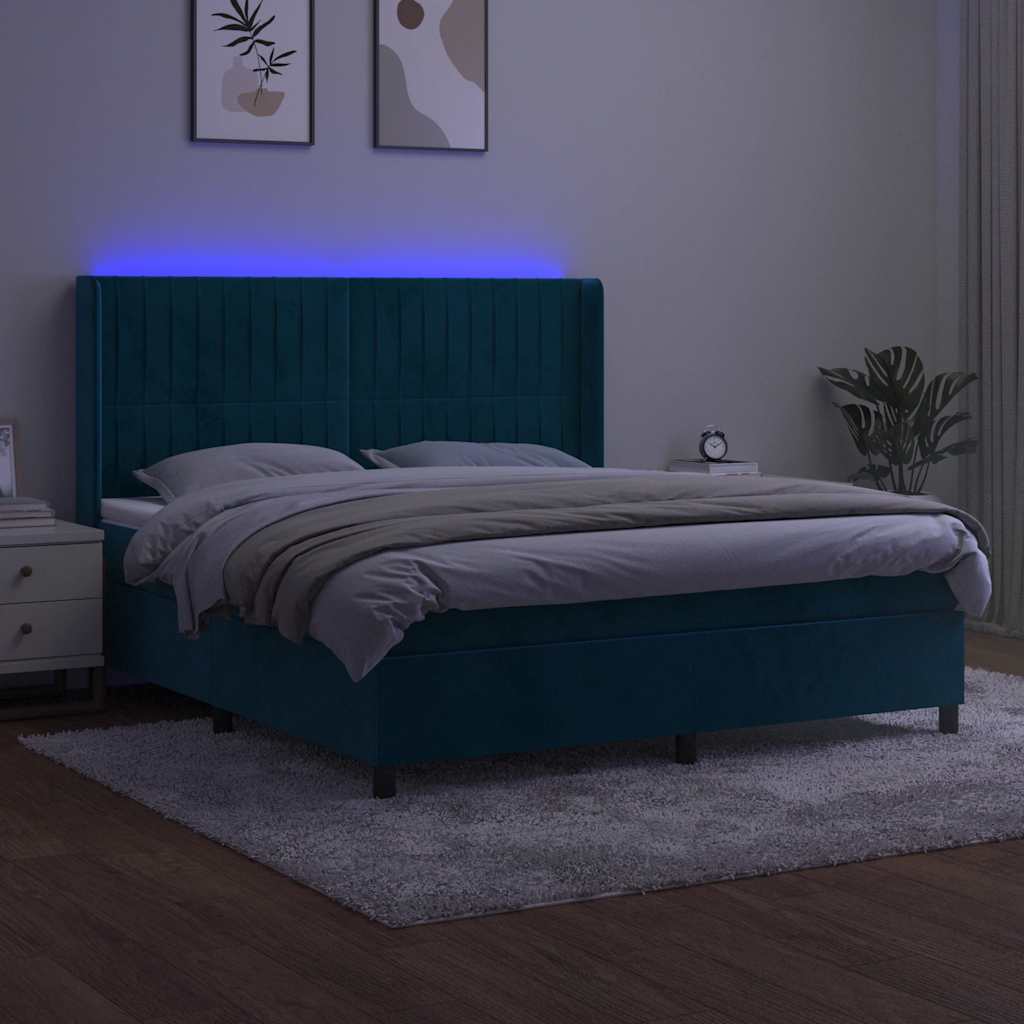 Box Spring Postel S Matrací A Led Tmavě Modrá 160X200 Cm Samet