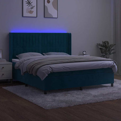 Box Spring Postel S Matrací A Led Tmavě Modrá 160X200 Cm Samet