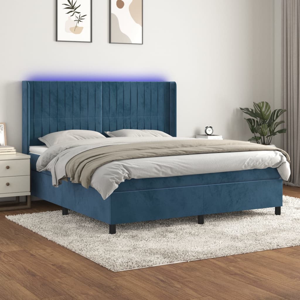 Box Spring Postel S Matrací A Led Tmavě Modrá 160X200 Cm Samet