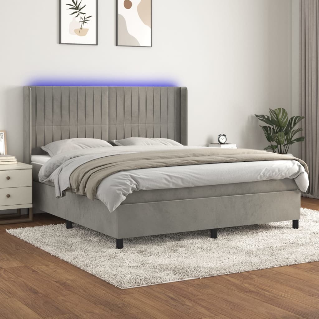 Box Spring Postel S Matrací A Led Samet Světle Šedá