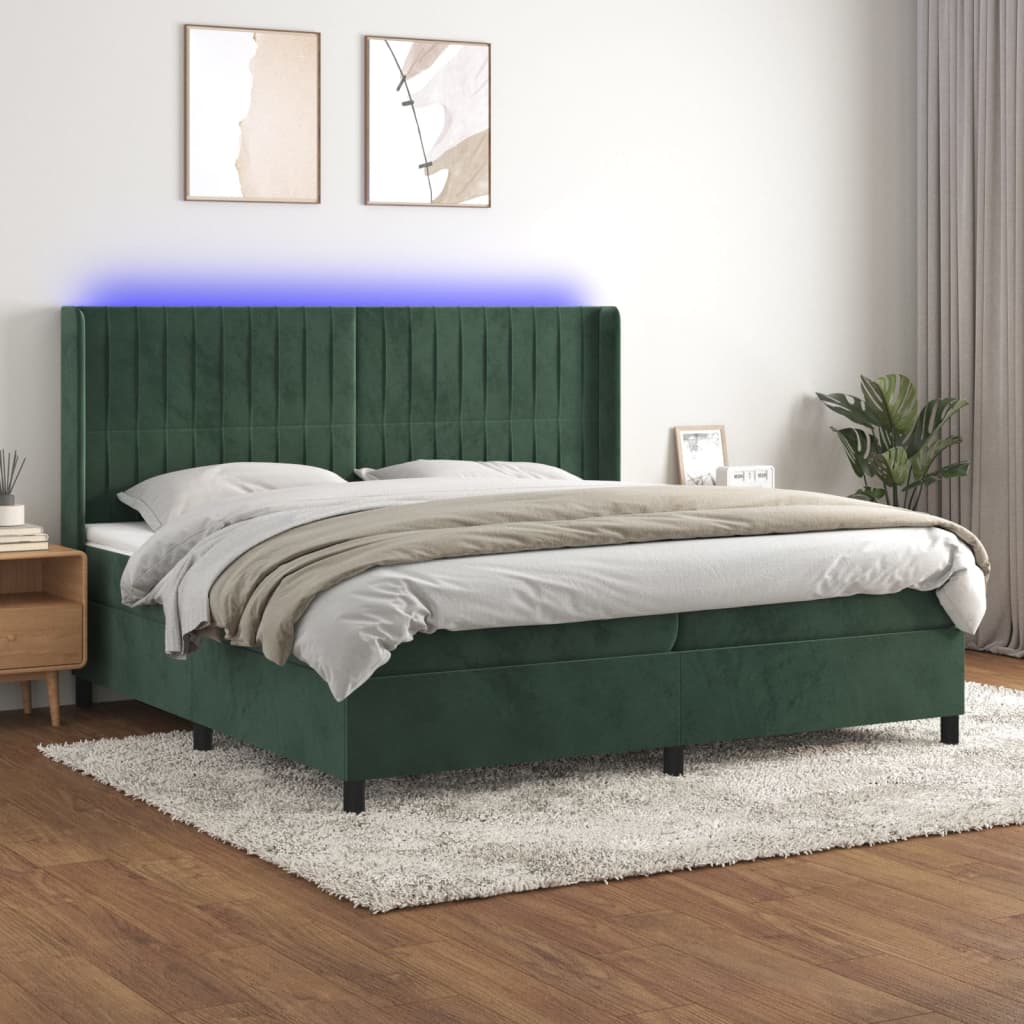 Box Spring Postel S Matrací A Led Tmavě Zelená 200X200 Cm Samet