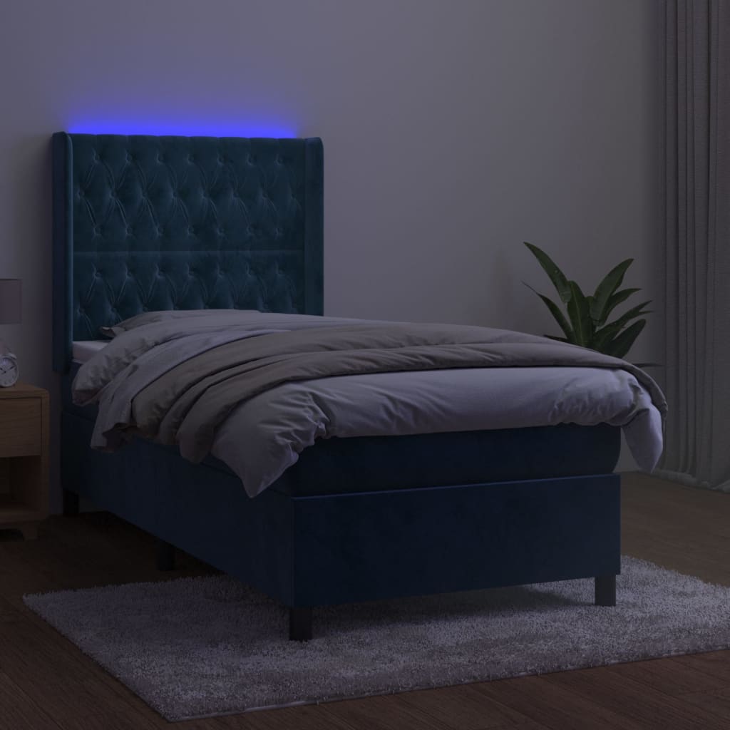 Box Spring Postel S Matrací A Led Tmavě Modrá 80 X 200 Cm Samet