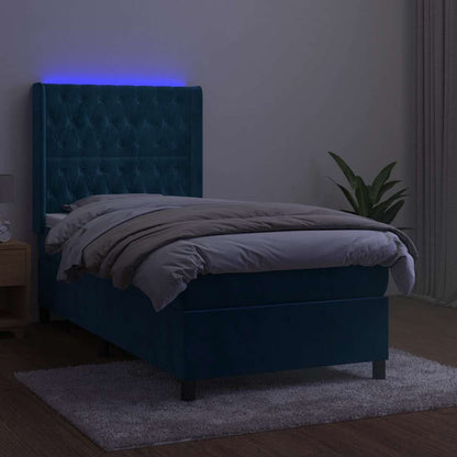 Box Spring Postel S Matrací A Led Tmavě Modrá 100X200 Cm Samet