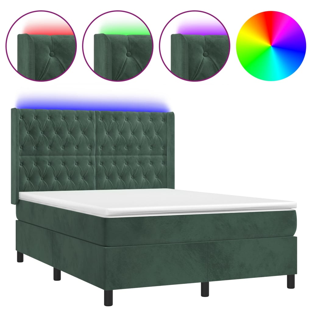 Box Spring Postel S Matrací A Led Tmavě Zelená 140X190 Cm Samet