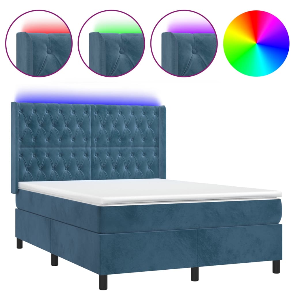 Box Spring Postel S Matrací A Led Tmavě Modrá 140X190 Cm Samet