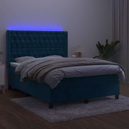 Box Spring Postel S Matrací A Led Tmavě Modrá 140X190 Cm Samet