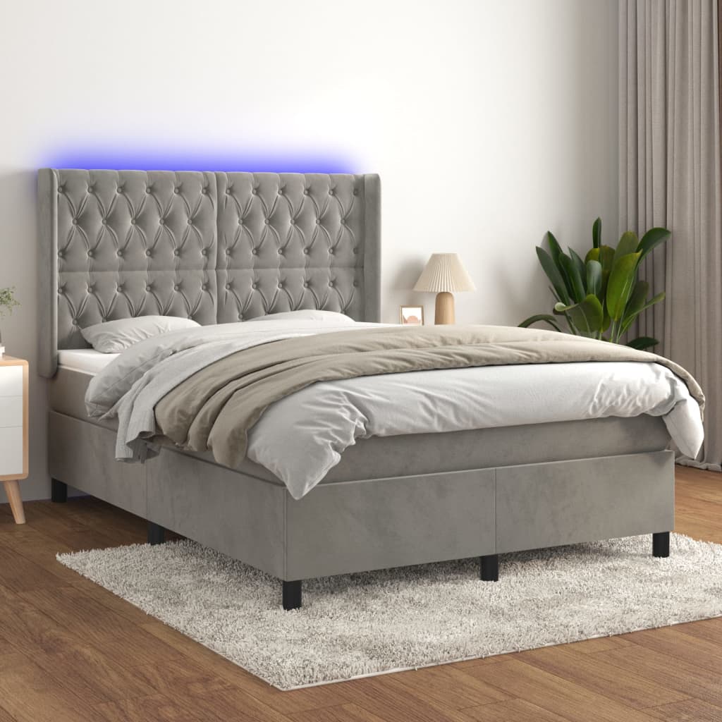 Box Spring Postel S Matrací A Led Samet Světle Šedá