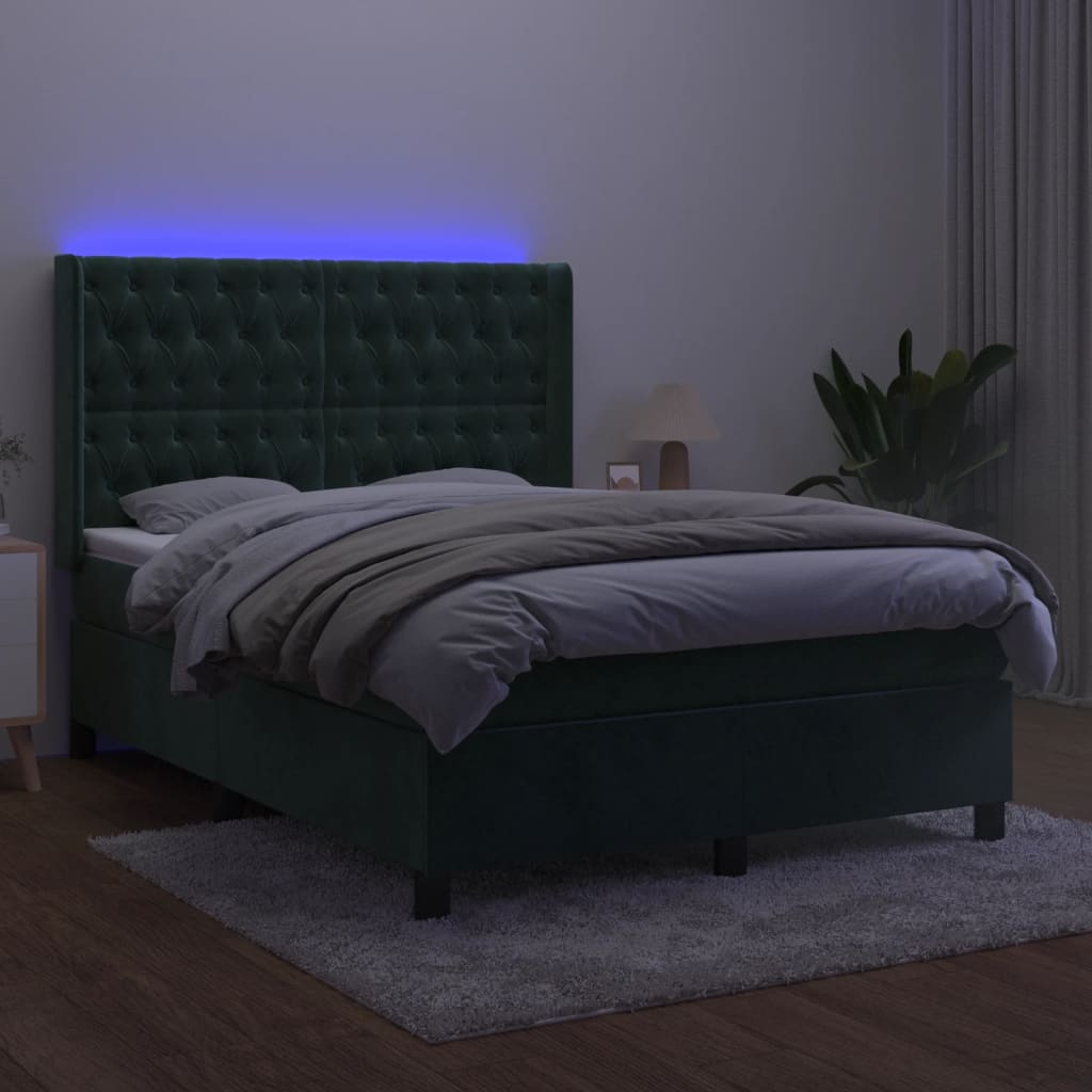 Box Spring Postel S Matrací A Led Tmavě Zelená 140X200 Cm Samet