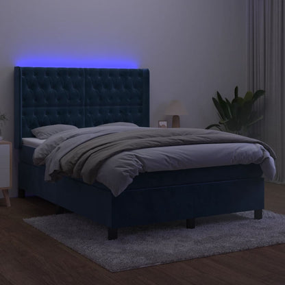 Box Spring Postel S Matrací A Led Tmavě Modrá 140X200 Cm Samet
