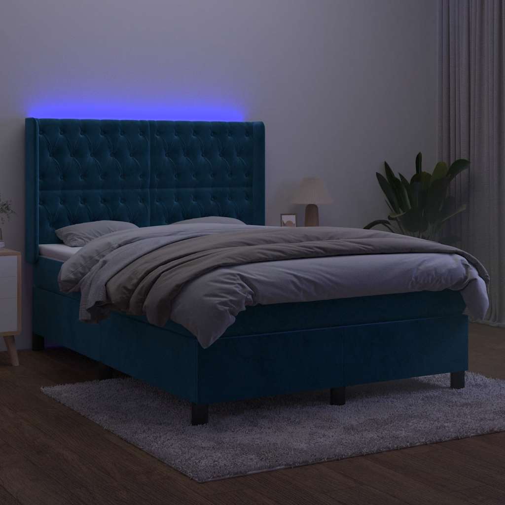 Box Spring Postel S Matrací A Led Tmavě Modrá 140X200 Cm Samet
