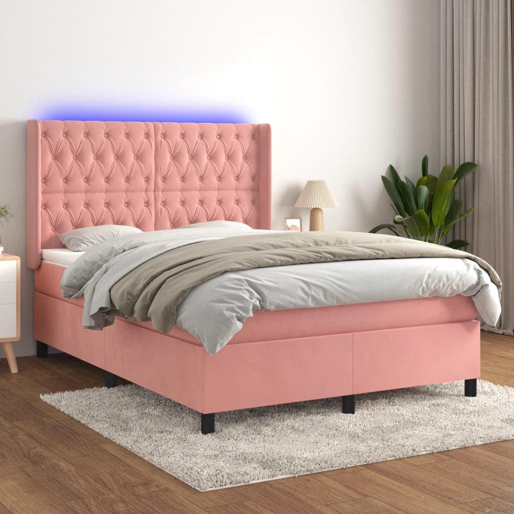 Box Spring Postel S Matrací A Led Samet Růžová